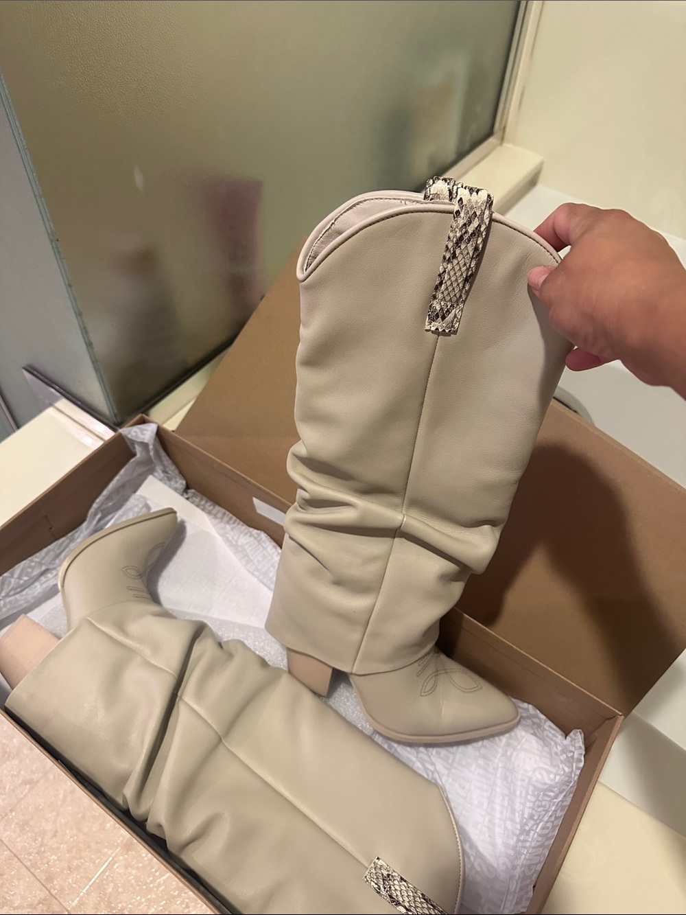 Steve Madden Cream Over-the-Knee Slouch Boots with Snake-Print Tabs